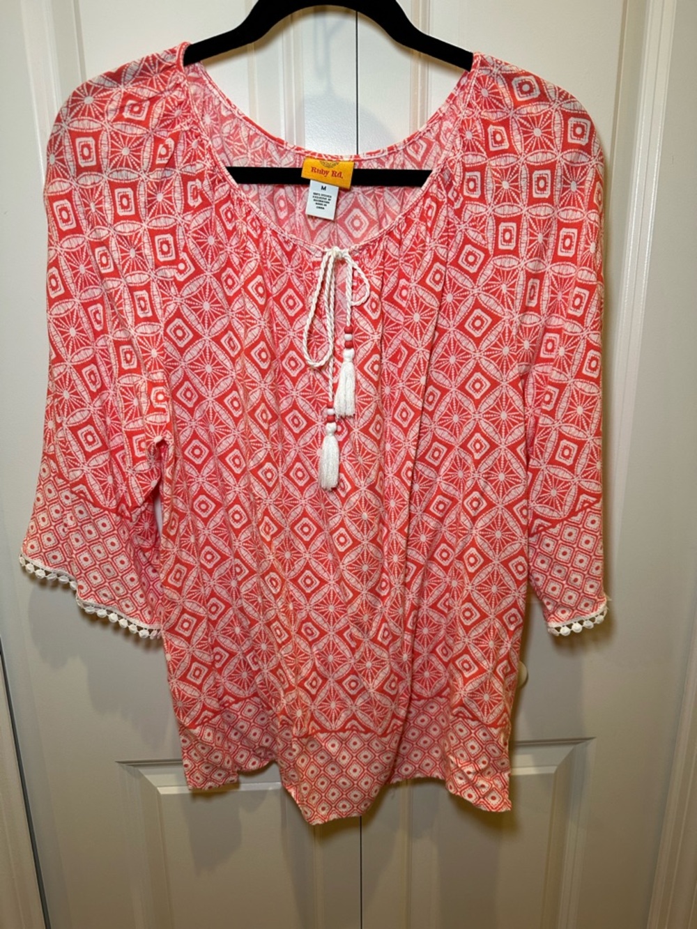 Ruby Rd. Coral-Pink Geometric Tie-Front 100% Viscose flowy buttery soft top